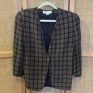 Vintage Jones New York Plaid Checkered Blazer in Brown and Navy Petite 14 USA